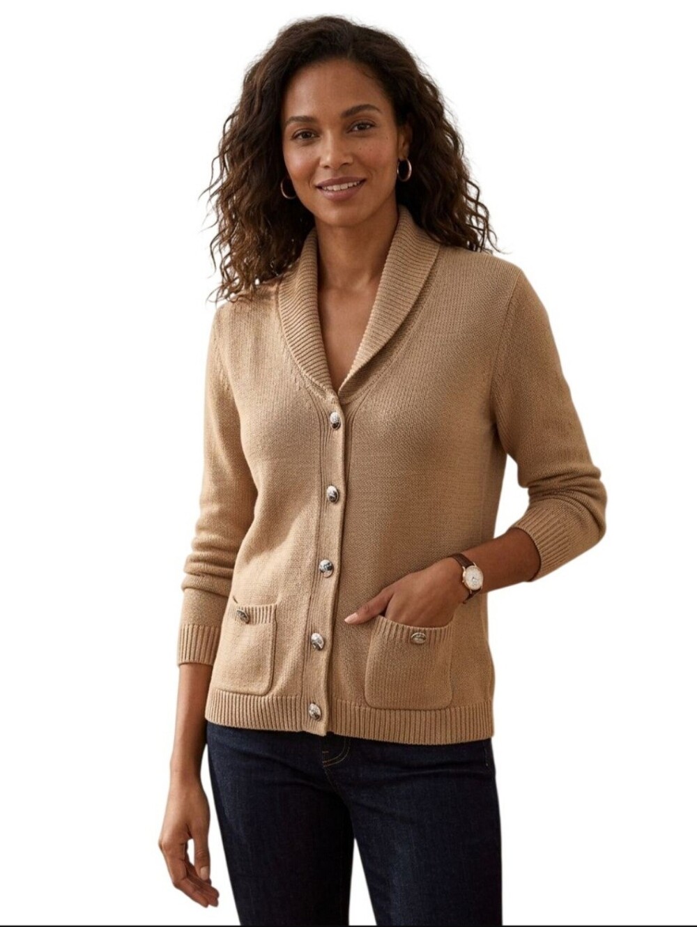 Lauren Ralph Lauren Vintage Tan Cotton Neutral Designer Cardigan Sweater Size L